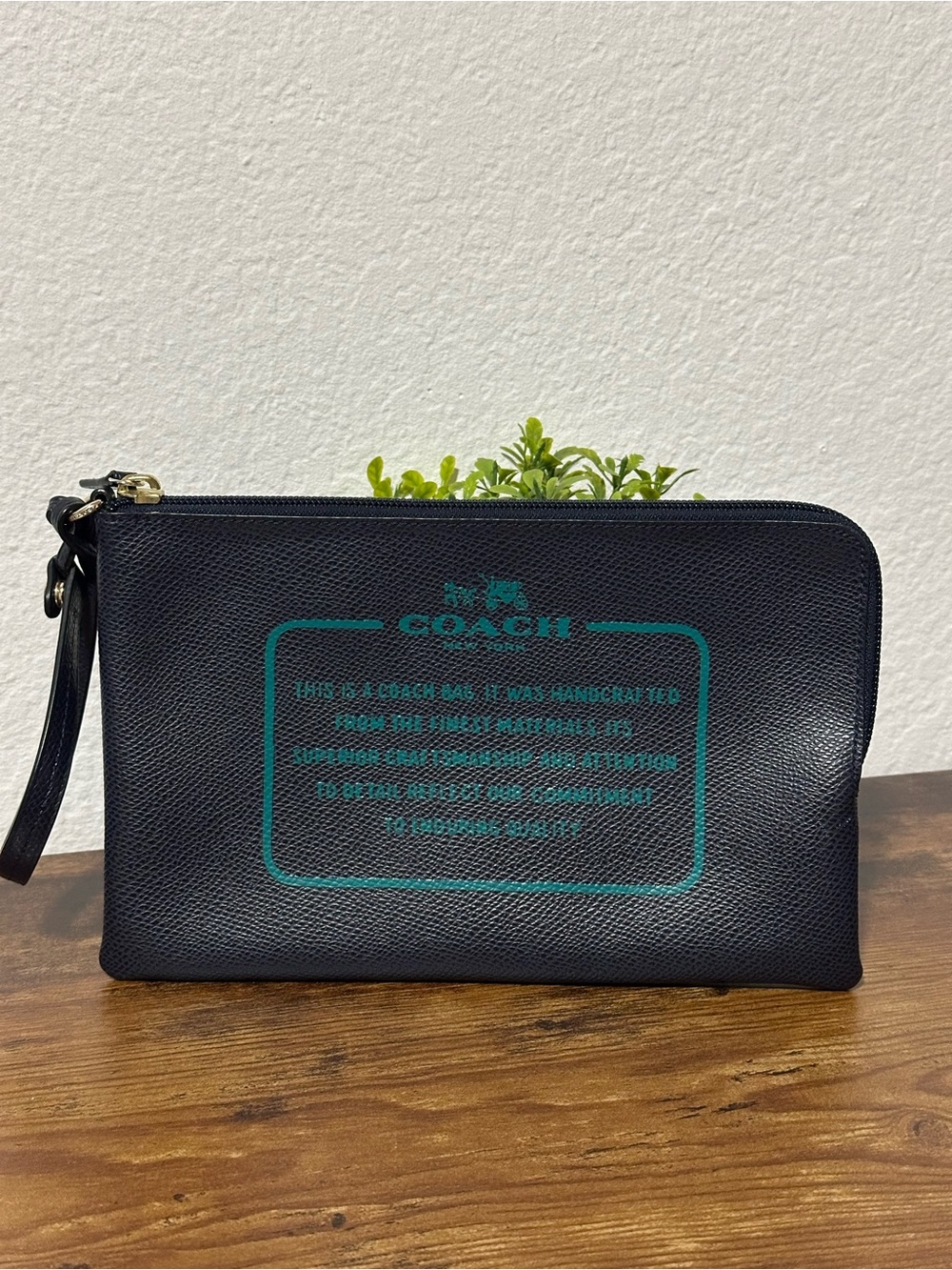 Coach Black Leather Wristlet with Teal Logo Box Print